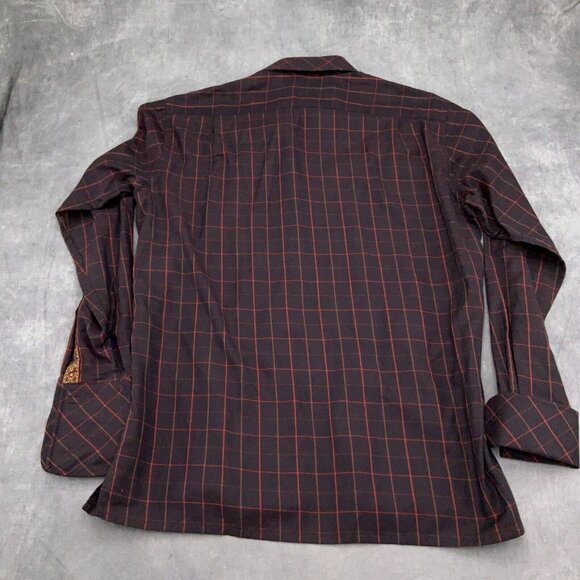 Visconti Uomo Shirt Men 48 Brown Red Check Plaid Contrast Trim Cotton Italy - Picture 11 of 12